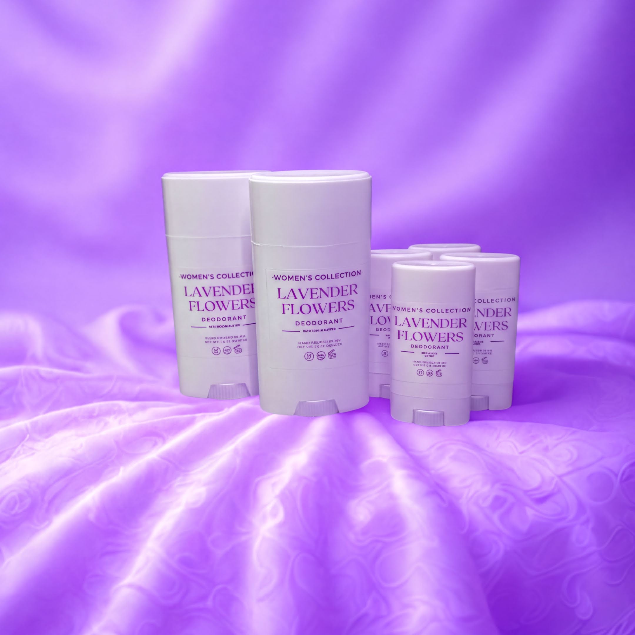 a collection of lavender-scented deodorant sticks arranged on a purple background.