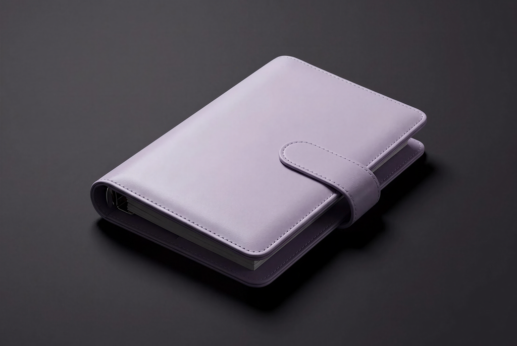 A closed, leather-bound notebook or planner with a purple cover is shown against a dark background.