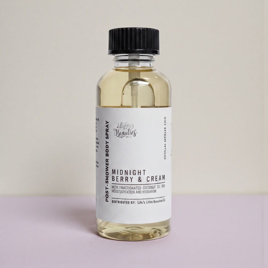 A bottle of "Midnight Berry & Cream" body spray with a black cap, sitting on a light pink background.