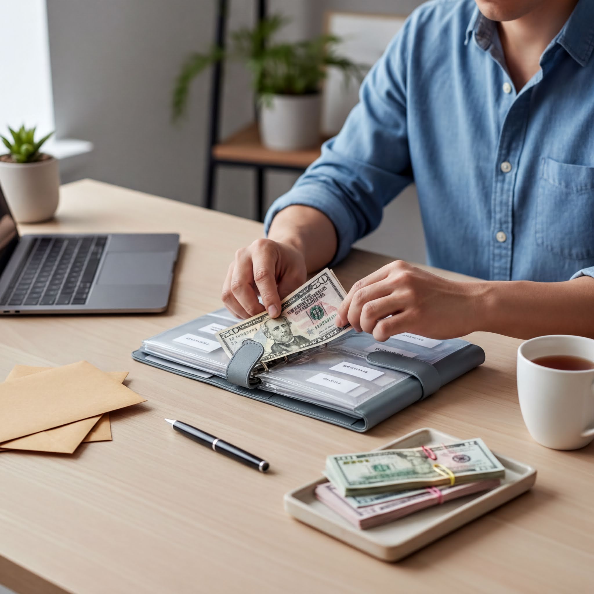 Person organizing cash in a budget planner at a desk with laptop and coffee