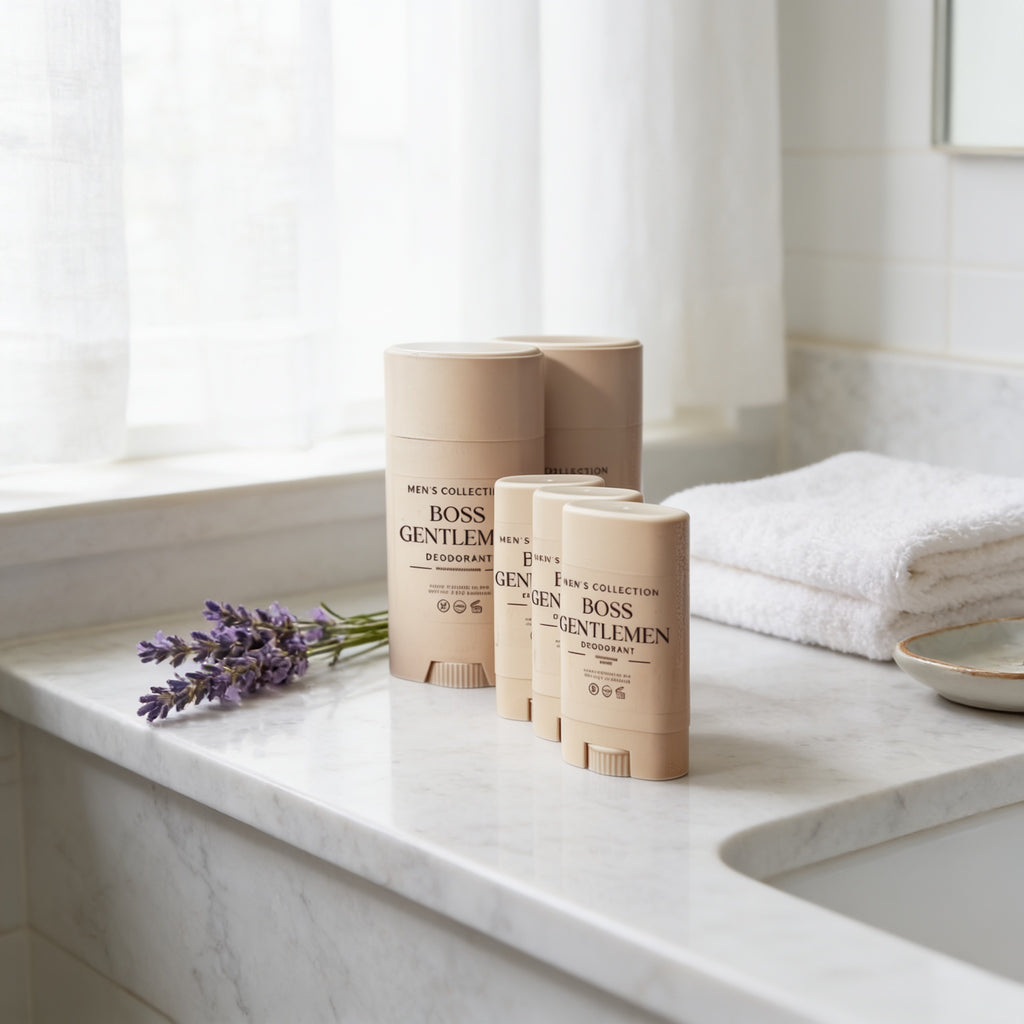 a collection of men's deodorant products, including three large cylindrical containers and three smaller rectangular containers, arranged on a white marble countertop. There is also a bouquet of lavender flowers placed next to the containers.