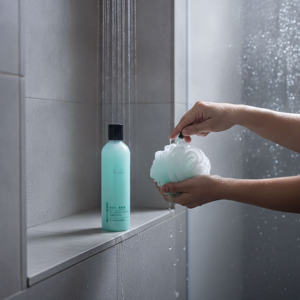 A person is using a blue bottle of "Cool Rain" body wash in a shower, with water droplets visible on the shower wall.