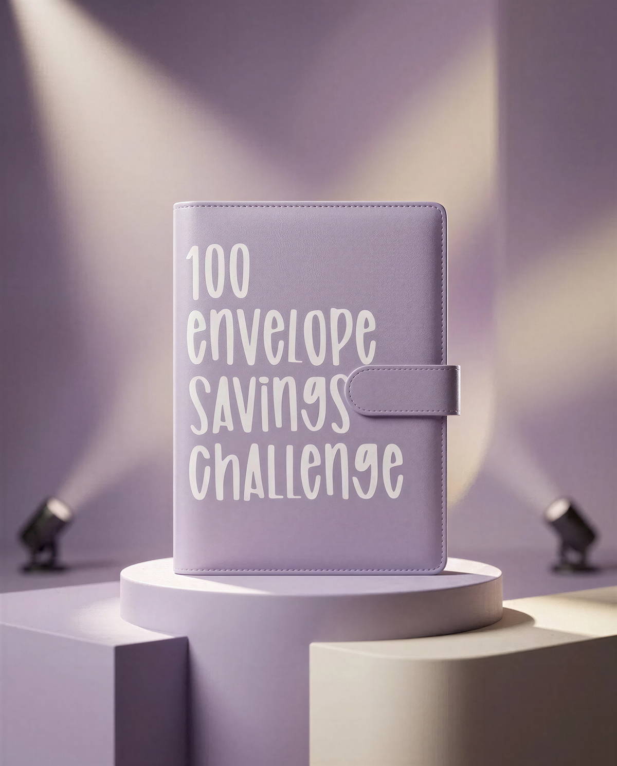 A purple notebook with the text "100 envelope savings challenge" printed on it, placed on a pedestal against a purple background with spotlights shining on it.
