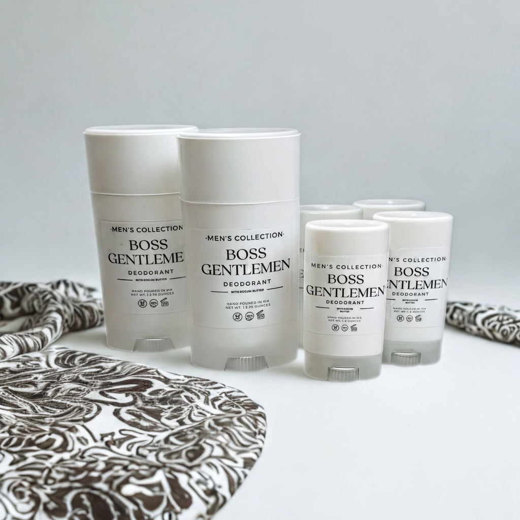 a collection of men's deodorant products, including three large deodorant sticks and three smaller deodorant sticks, all of which are white and labeled as "Men's Collection" and " Boss Gentlemen Deodorant".