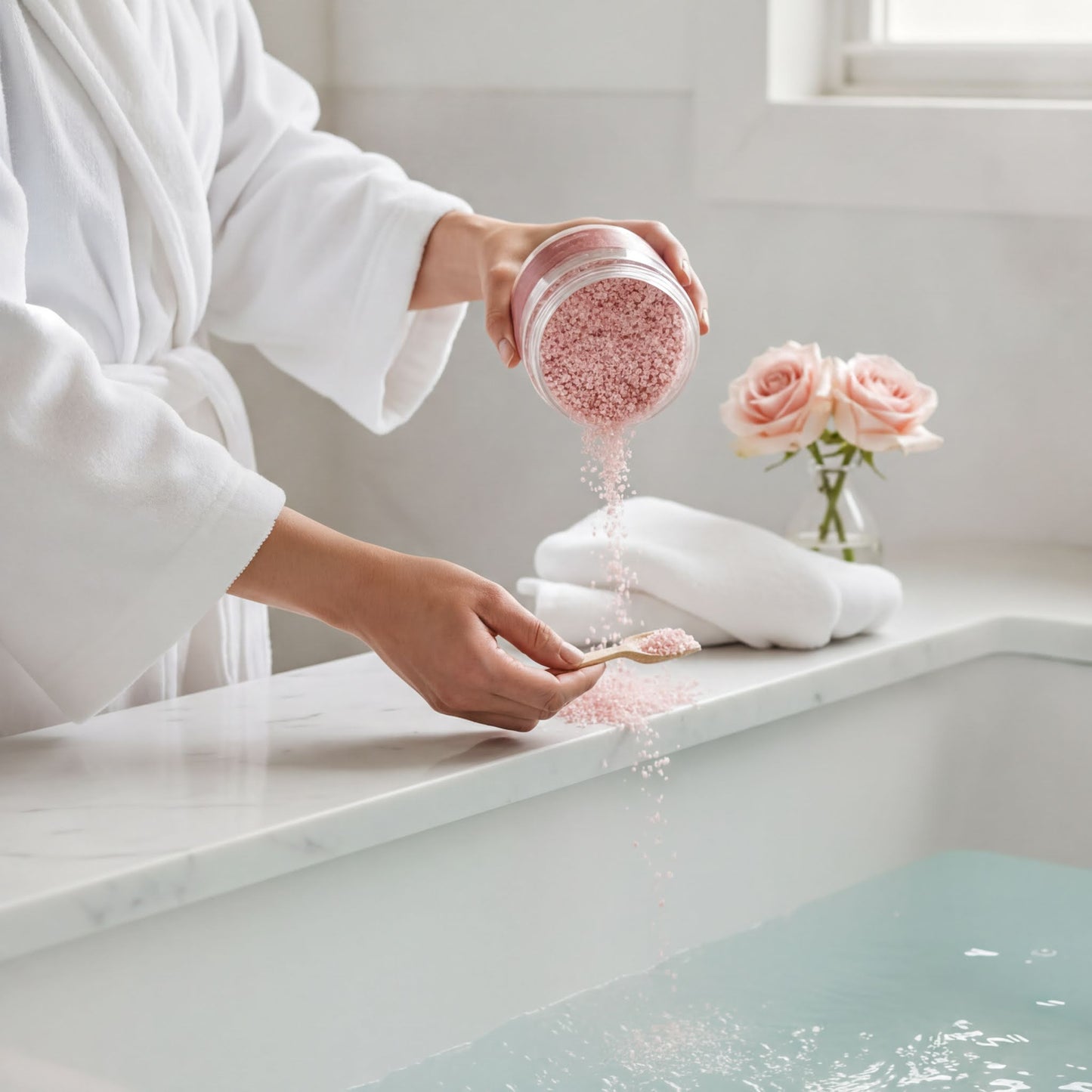 A person in a white robe is pouring pink bath salt into a bathtub, with a vase of pink roses nearby.