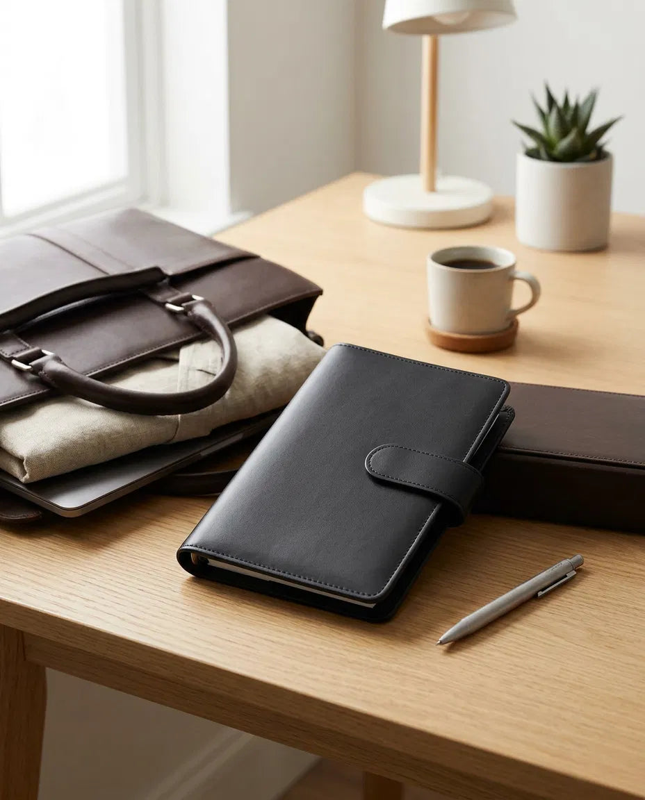 a wooden desk with various items on it, including a black leather wallet, a black leather handbag, a black leather notebook, a black pen, a white coffee mug, and a small potted plant.