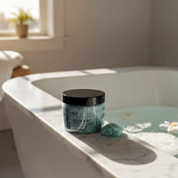 A jar of bath product sits on the edge of a white bathtub filled with water, with floating white flowers and a towel visible in the background.