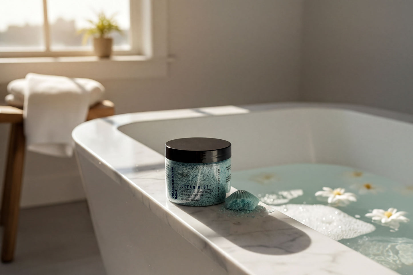 A jar of bath product sits on the edge of a white bathtub filled with water, with floating white flowers and a towel visible in the background.