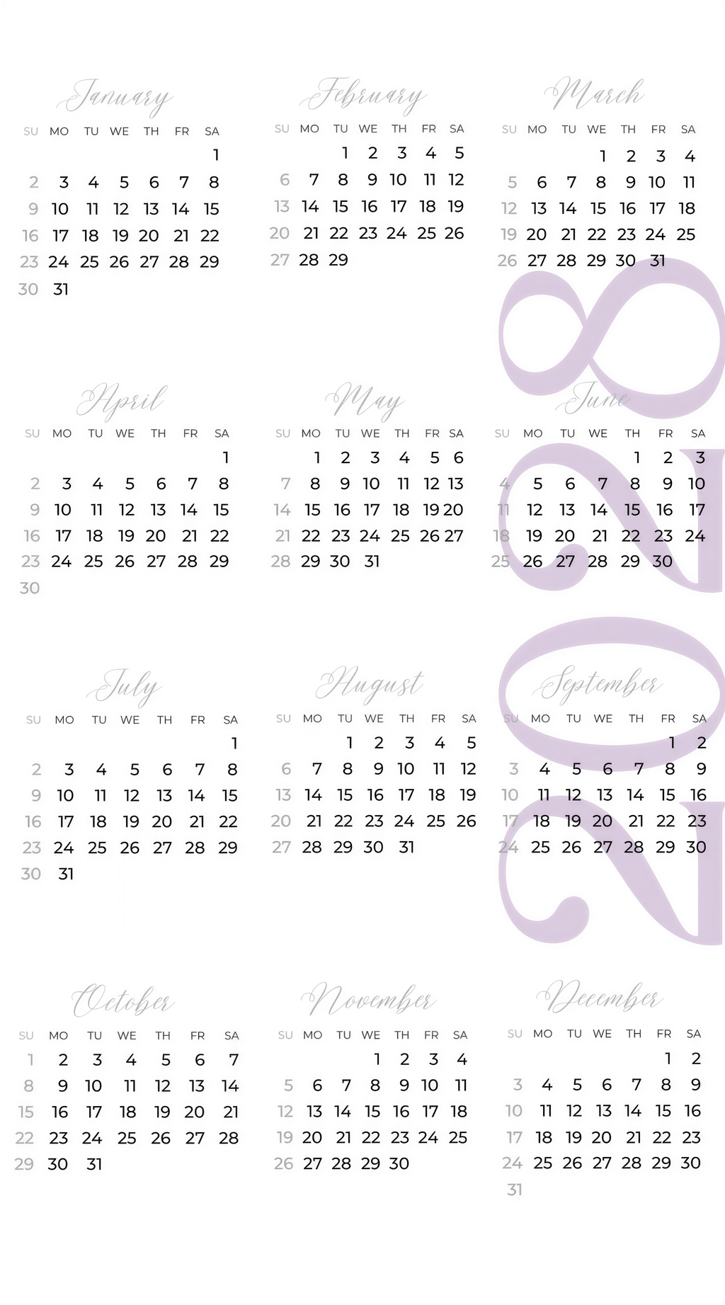The image is a calendar for the months of the year, showing the days of the week and the dates for each month.