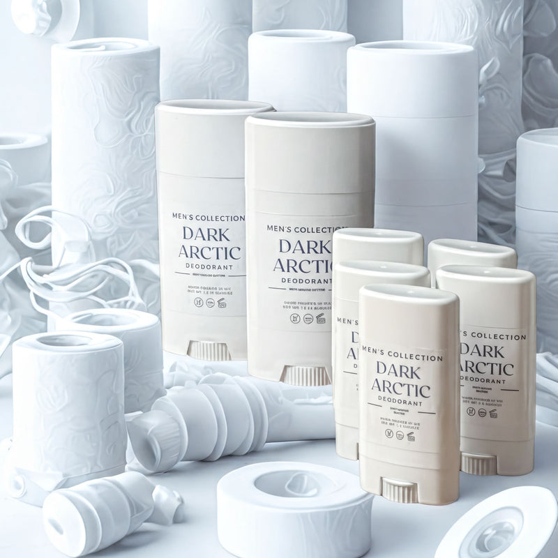 Men's Collection Dark Arctic deodorant sticks with natural ingredients, minimalist white packaging