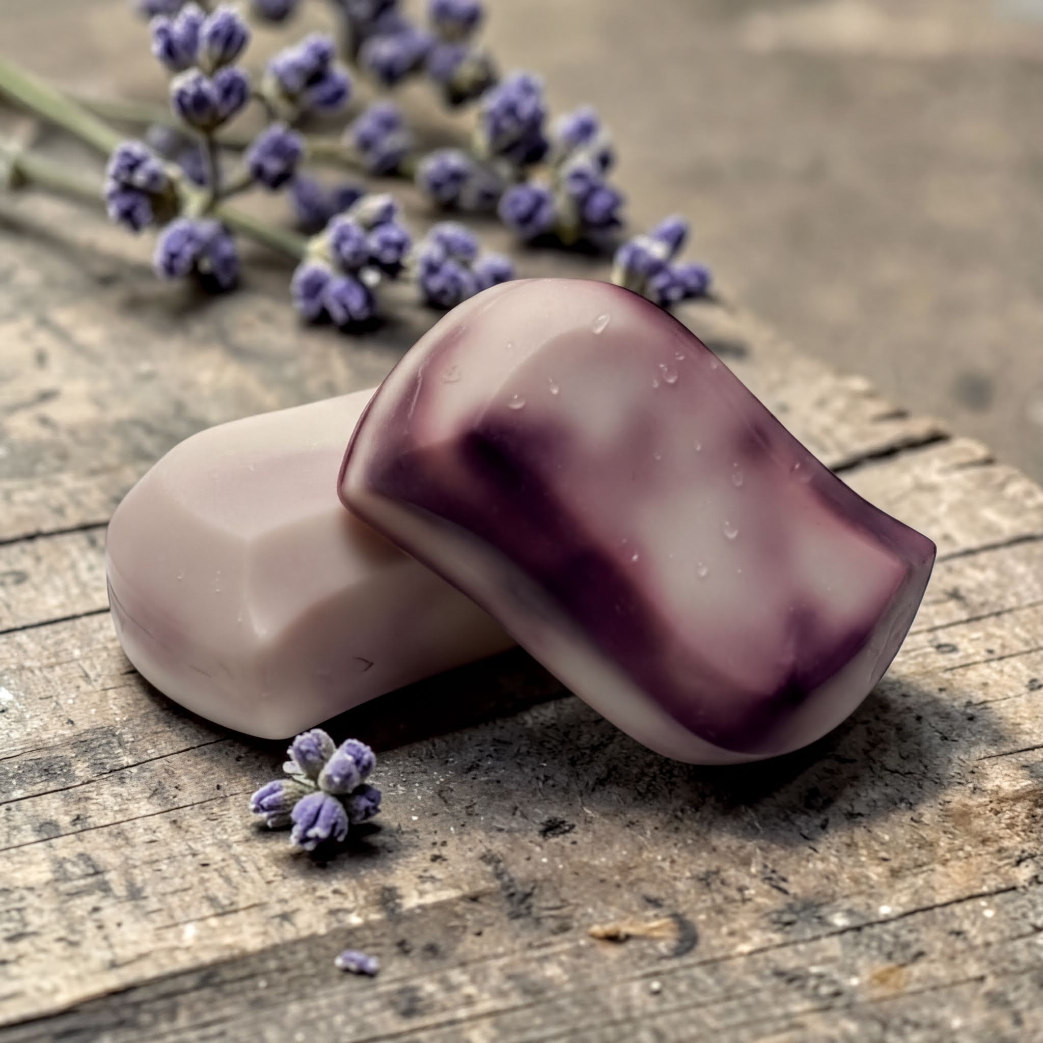Handcrafted goat milk soap bars with lavender, natural ingredients on rustic wood