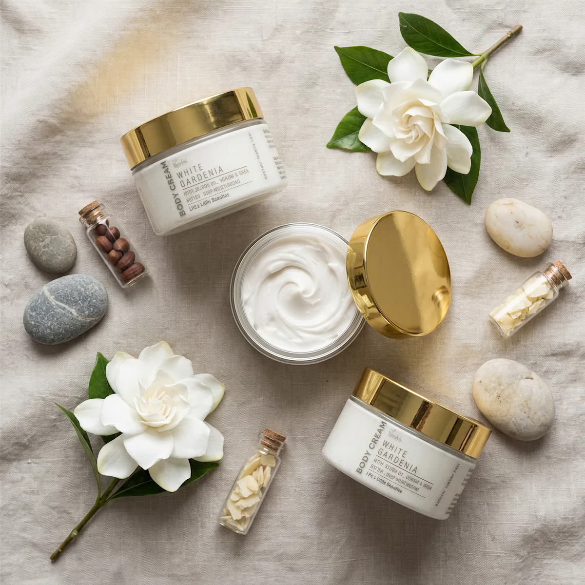 an arrangement of various beauty products, including jars of cream and lotion, along with natural elements such as flowers and stones, all set against a neutral background.