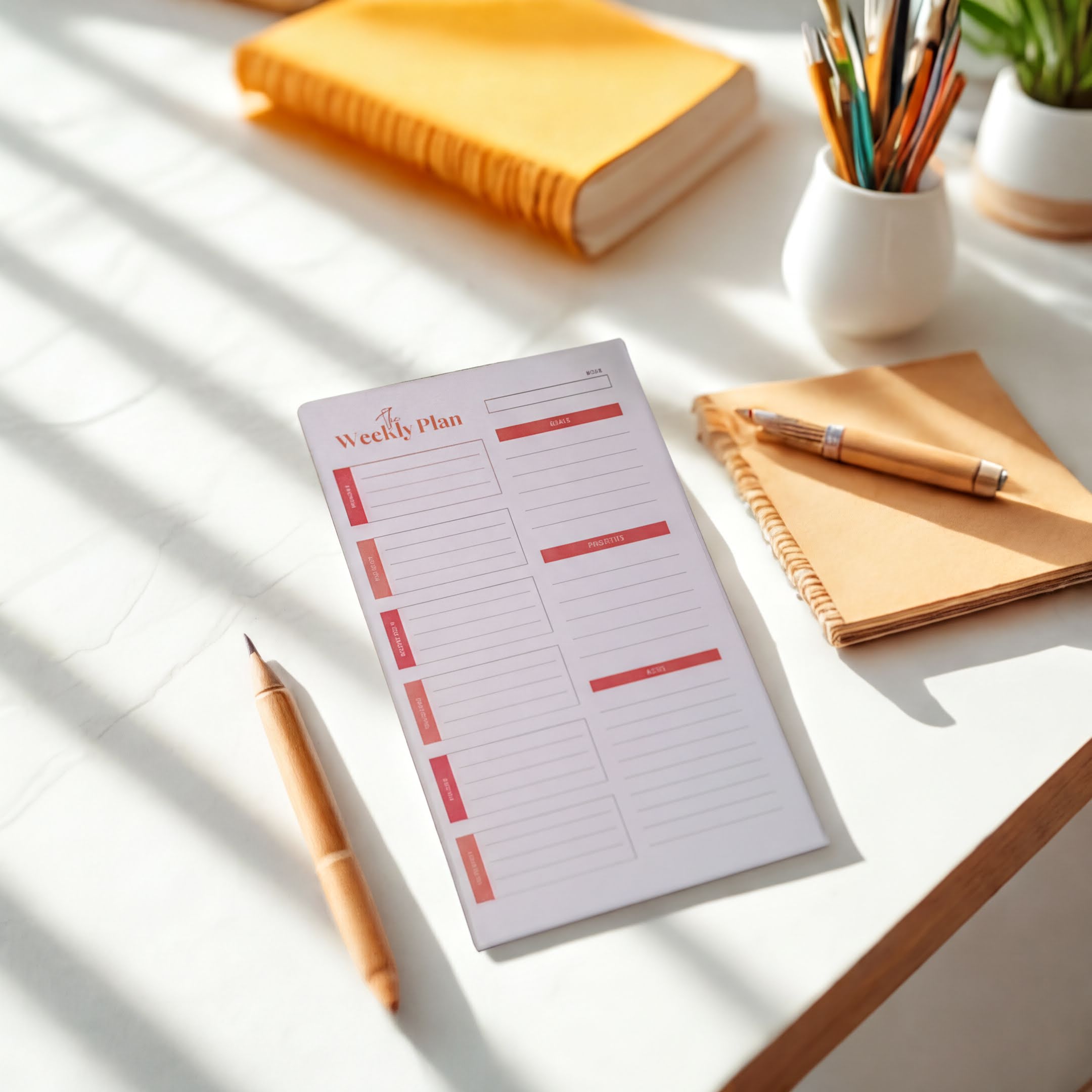 a white desk with a Weekly Planner, a notebook, a pen, and a cup of colored pencils.