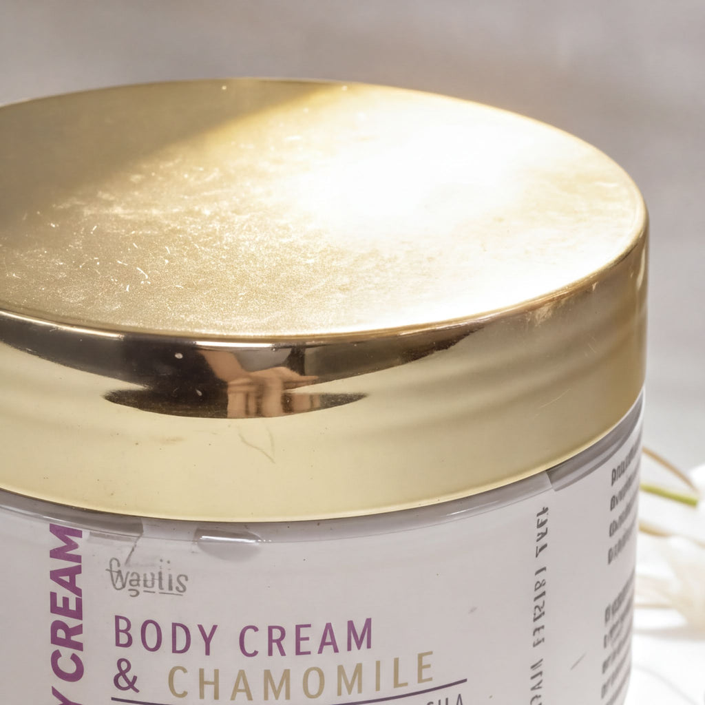 A close-up image of a jar of body cream with a gold lid, featuring text and a reflection of a person's hand.