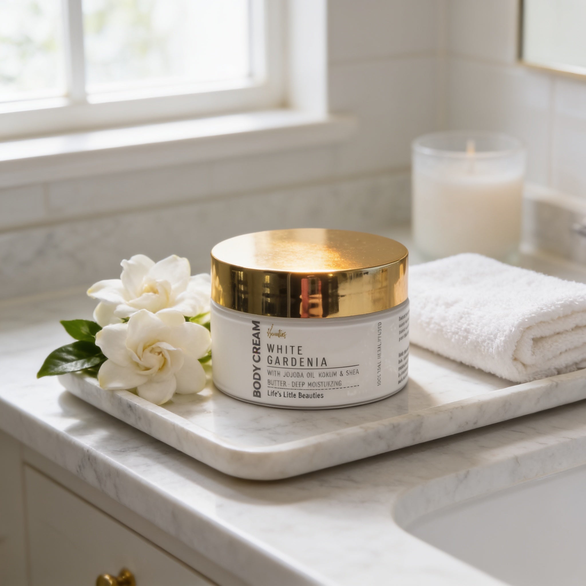 A jar of "White Gardenia Body Cream" with a gold lid sits on a marble countertop next to a white towel and a white candle.