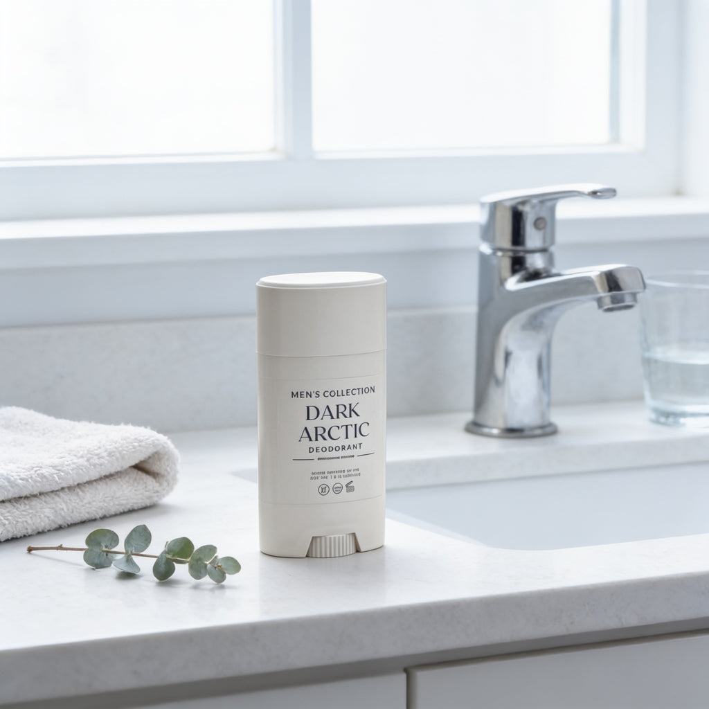 A white deodorant stick labeled "Men's Collection Dark Arctic Deodorant" is placed on a bathroom counter next to a glass of water and a towel.