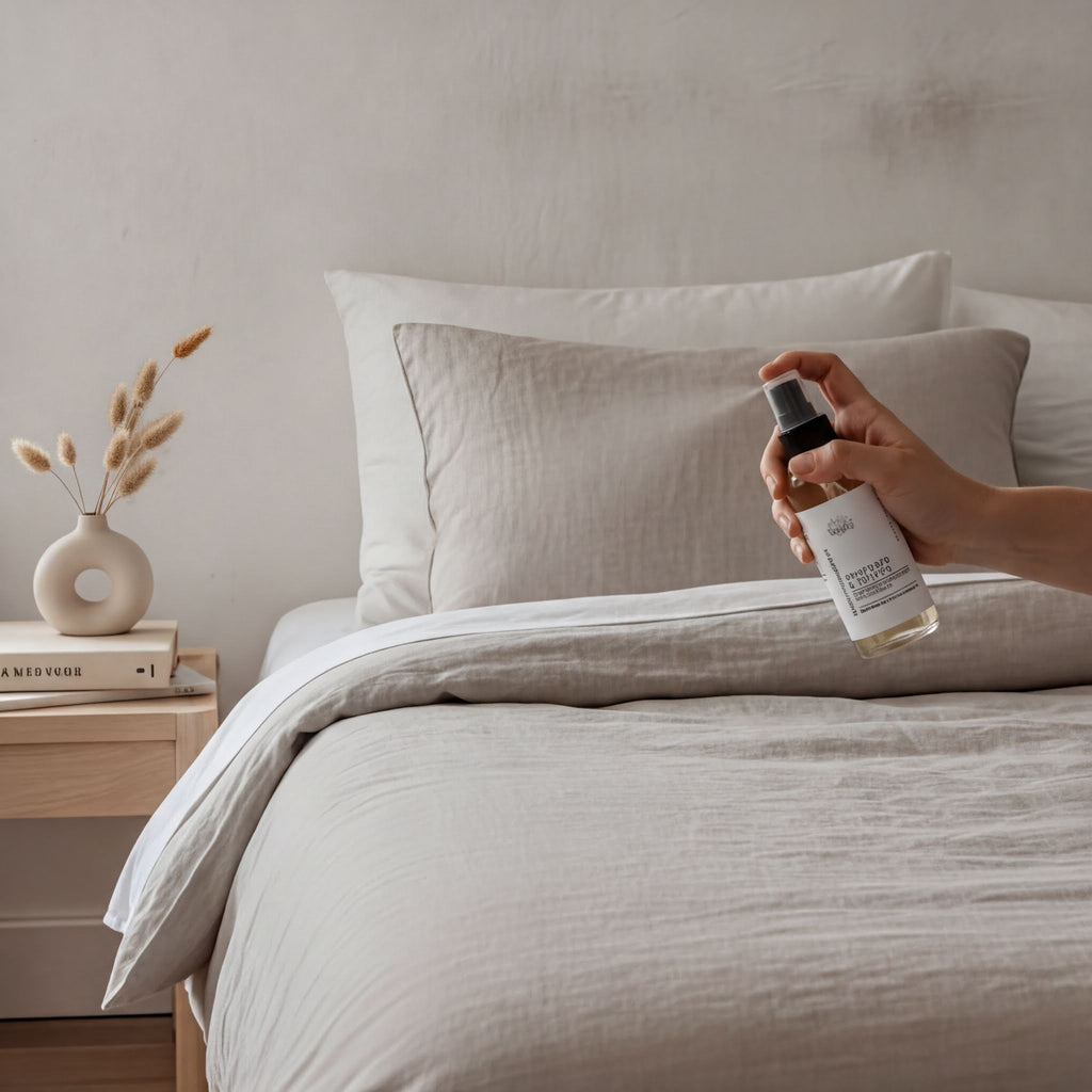 A hand is holding a spray bottle of a product, possibly a fragrance or air freshener, in front of a bed with a white pillow and a small vase with dried flowers on a nightstand.