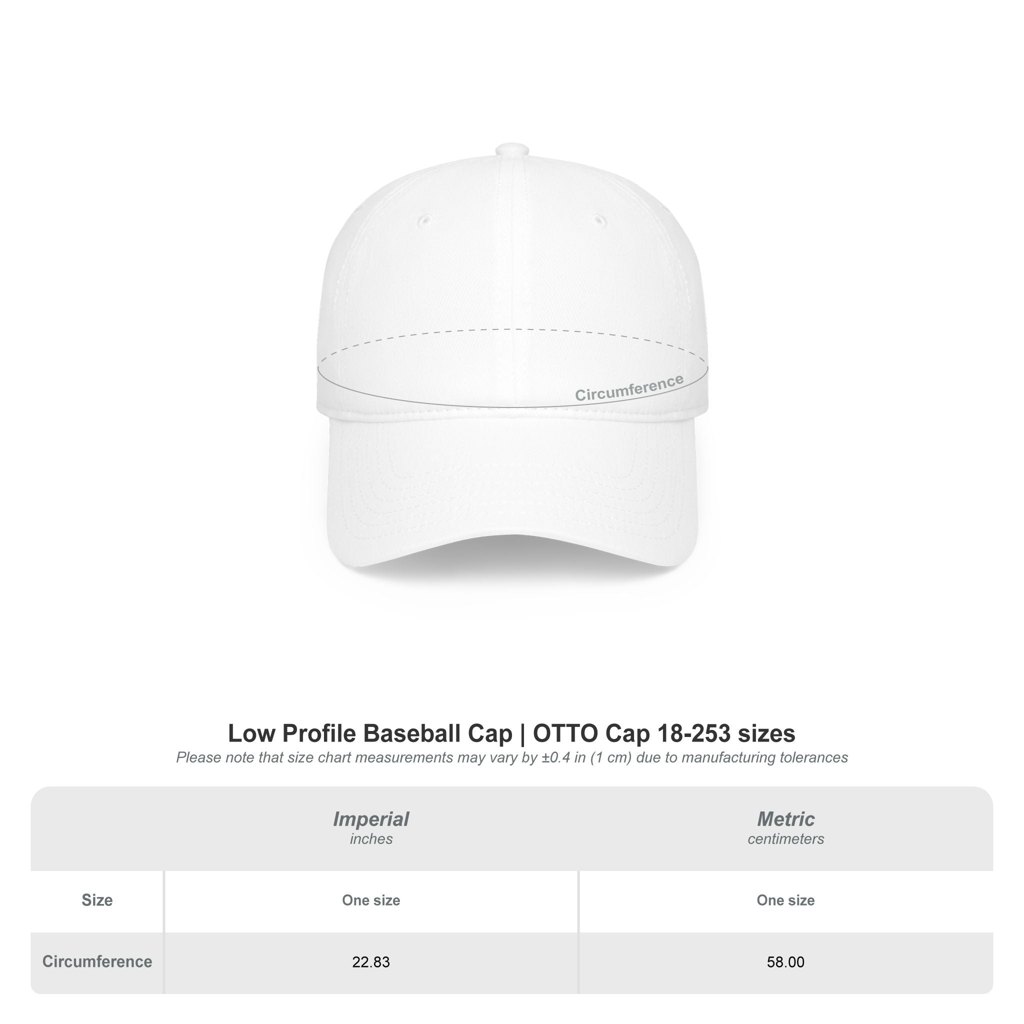 White low profile baseball cap with size measurement guide, one size fits most