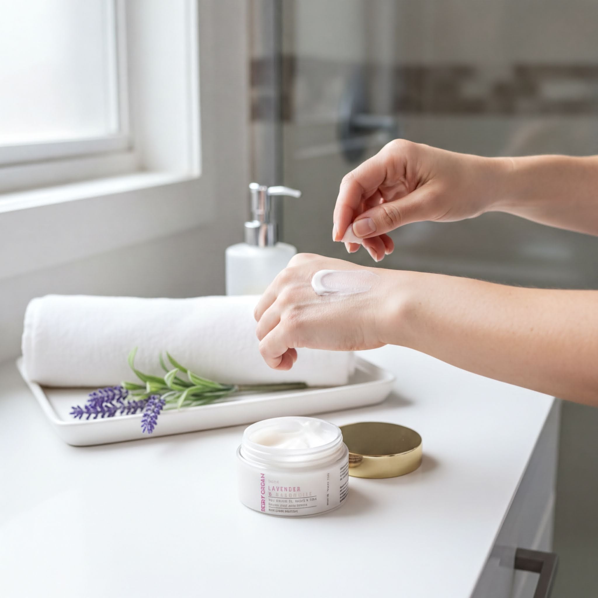A person's hands applying lotion to their skin in a bathroom setting, with a jar of lotion, a rolled-up towel, and a small plant on the counter.