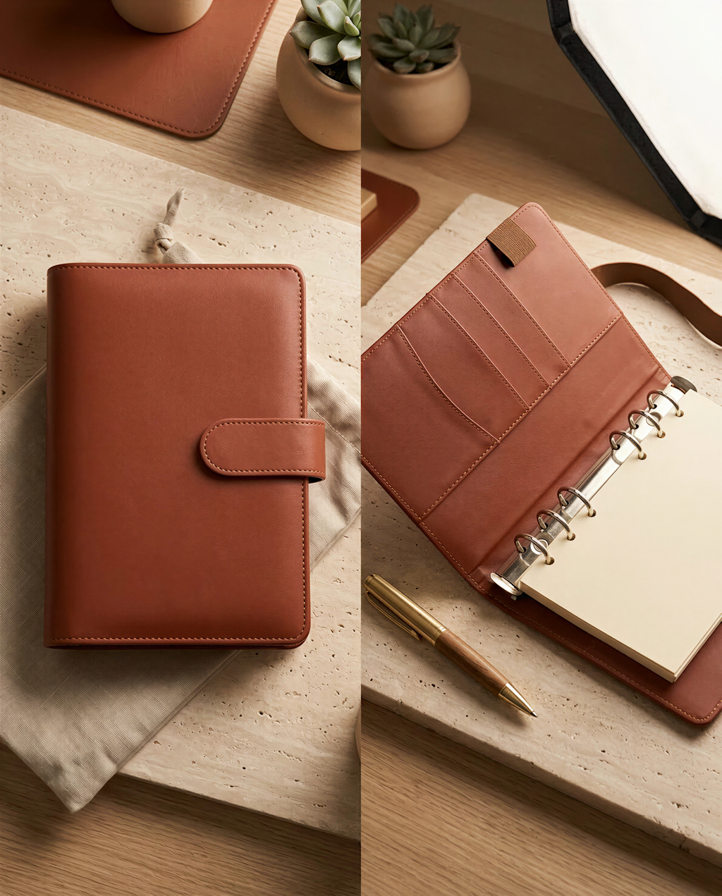 a brown leather-bound notebook and a pen on a wooden surface, with a potted plant and a small vase in the background.