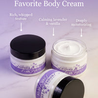 three jars of body cream with different textures and scents, including a rich, whipped texture, a calming lavender & vanilla scent, and a deeply moisturizing cream.