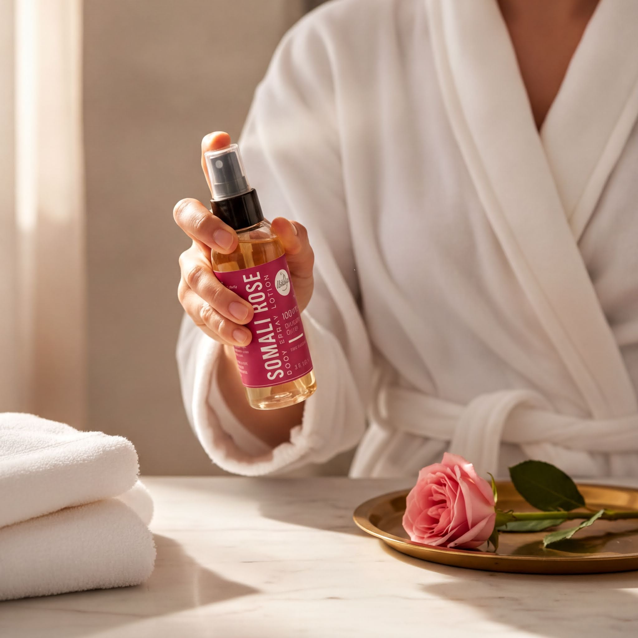 A person in a white robe is holding a bottle of rose oil, with a pink rose on a plate nearby.