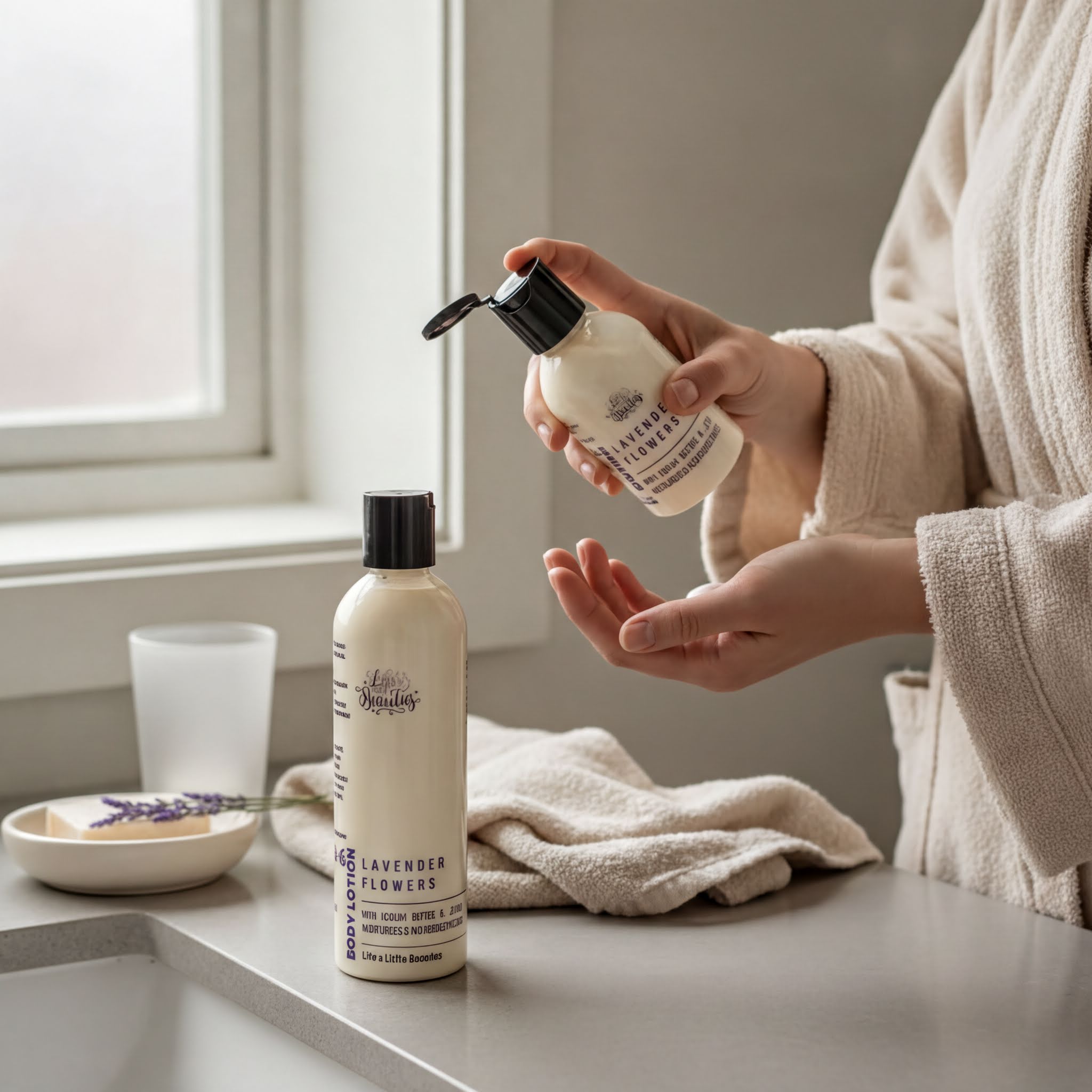 A person is applying a bottle of body lotion to their hand, with another bottle of the same lotion nearby.