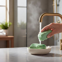 A hand is washing a bar of green soap under running water from a gold faucet in a bathroom.