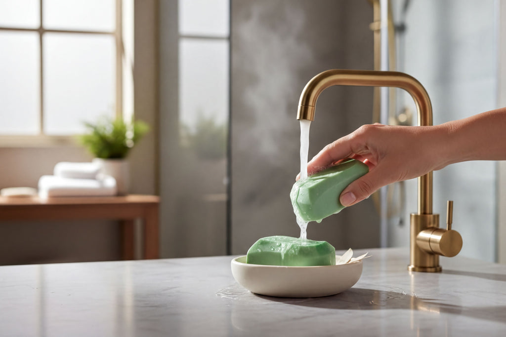 A hand is washing a bar of green soap under running water from a gold faucet in a bathroom.
