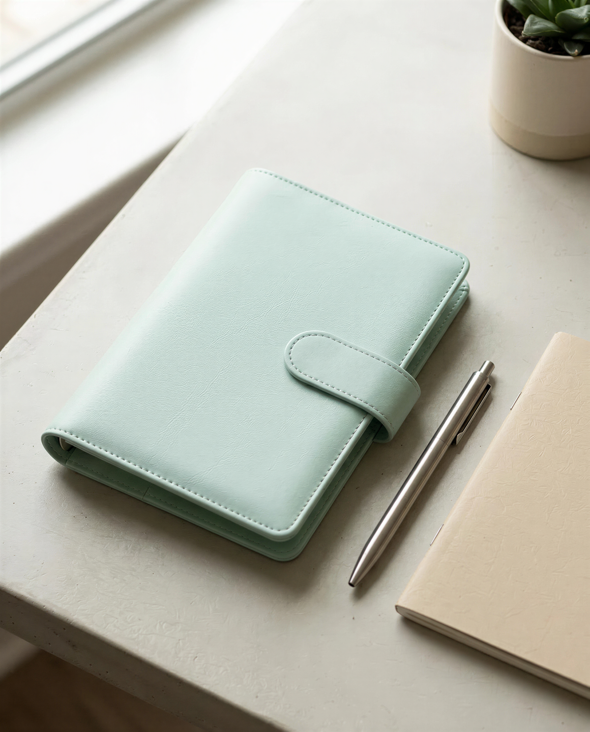 A mint green leather-bound notebook, a silver pen, and a beige notebook are arranged on a light-colored surface, with a small potted plant visible in the background.