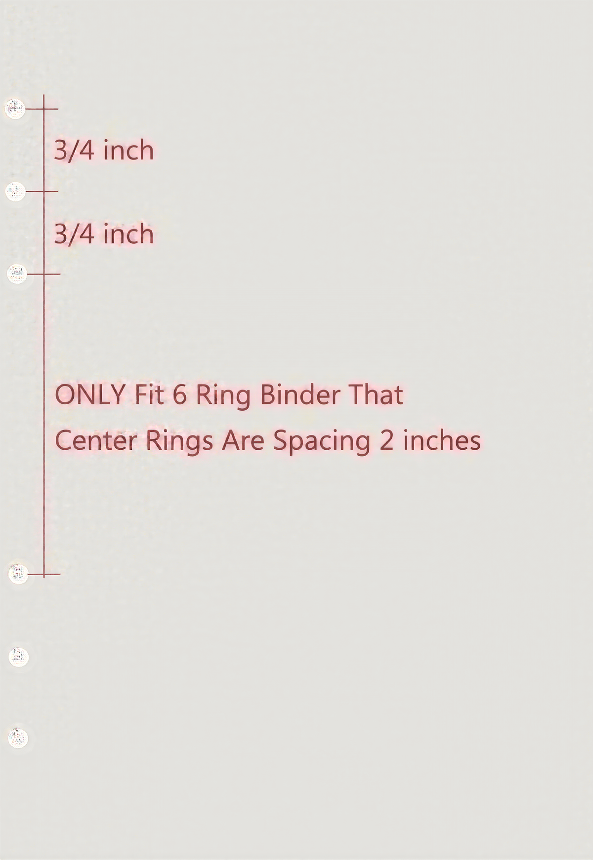 The image is a page from a binder with a ruler and text providing measurements and specifications for a binder that fits 6 rings and has center rings spaced 2 inches apart.