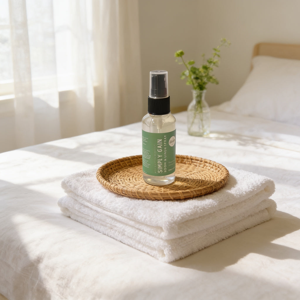 A bottle of "Simply & Gain" spray placed on a stack of white towels on a bed, with a vase of greenery in the background.