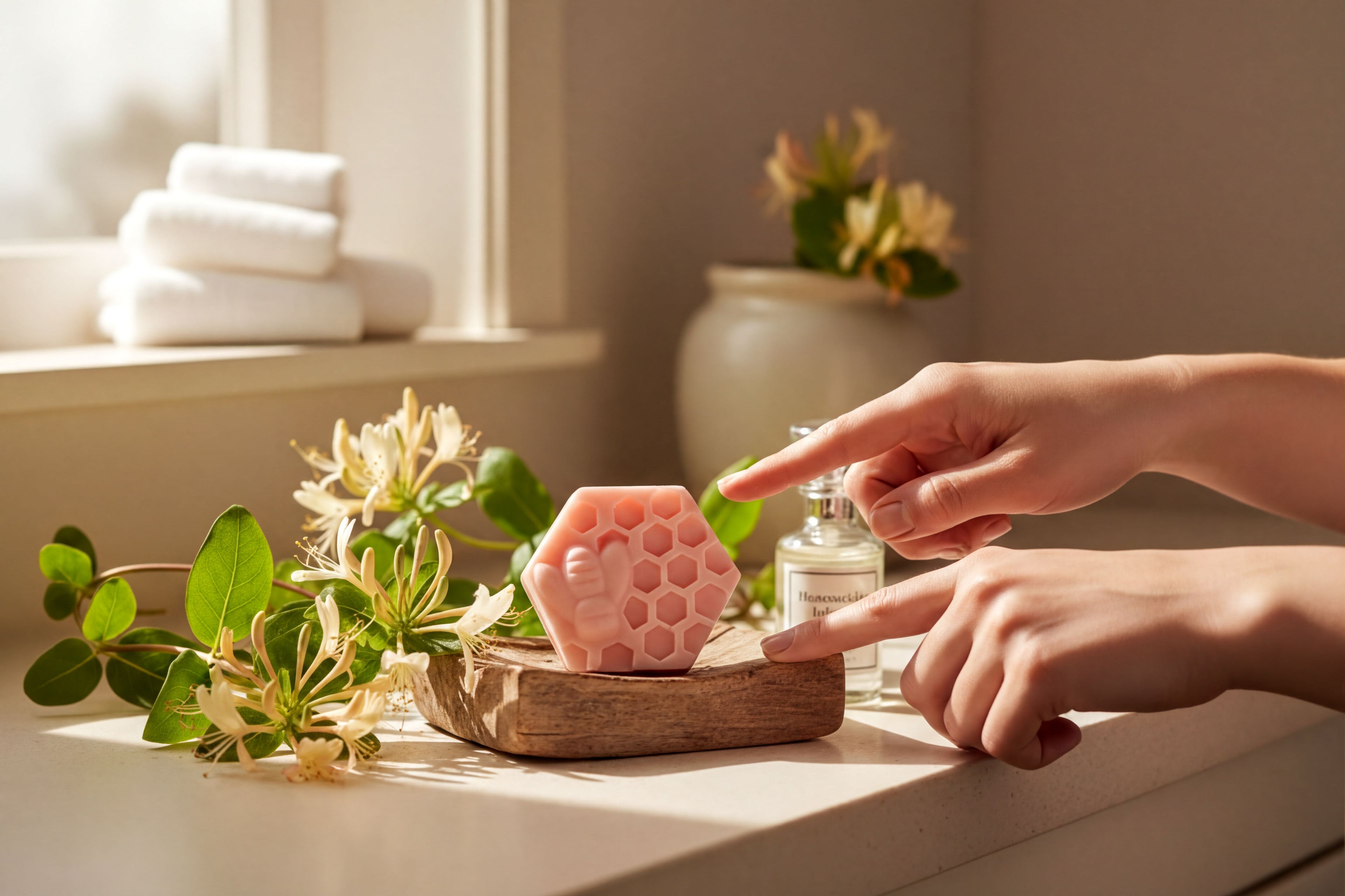 Handcrafted pink honeycomb soap bar with natural ingredients, surrounded by fresh flowers and a hand gently touching it.