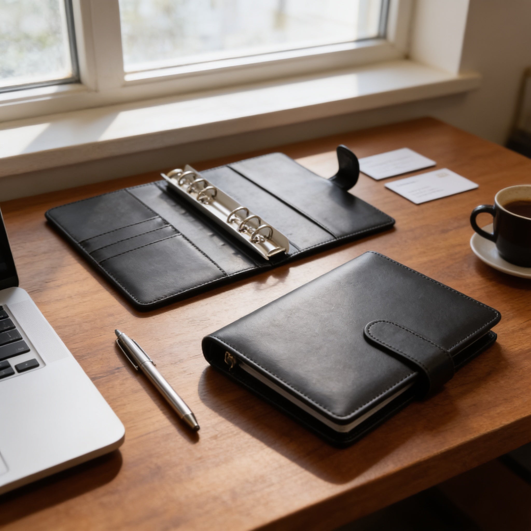 A wooden desk with a laptop, a black leather binder, a pen, and a cup of coffee, all arranged neatly.