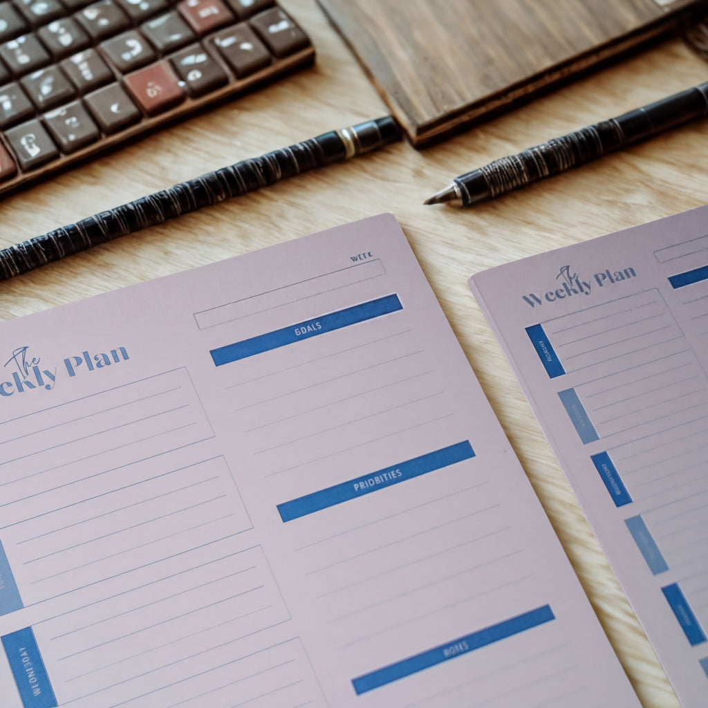 a desk with a keyboard, a pen, and two planners or schedules. The planners are labeled "The Weekly Plan" and "The Weekly Plan", suggesting they are used for organizing tasks and events for the week.