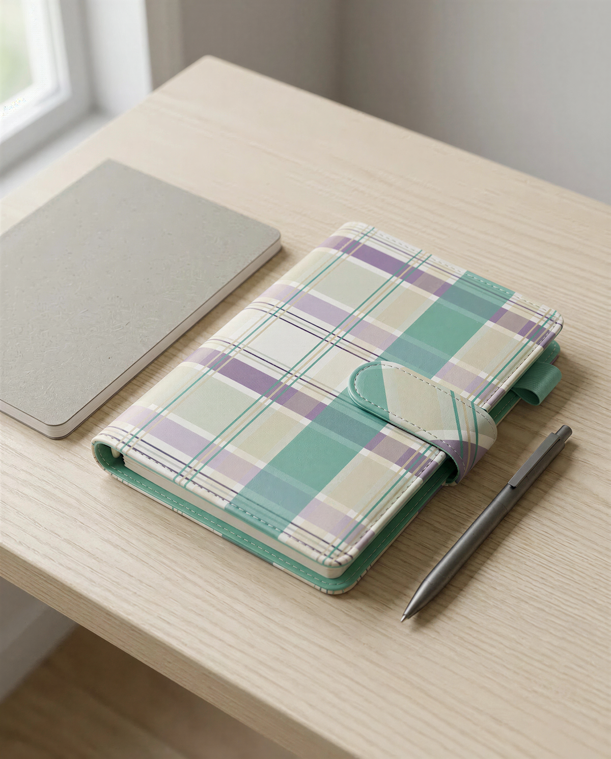 A plaid notebook and a pen are placed on a wooden surface, with a window visible in the background.