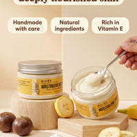a hand scooping out a jar of moisturizing lotion from a jar, with sliced bananas and a spoon nearby. The text above the image reads "Your solution for deeply nourished skin", and the text below the image states "Handmade with care", "Natural ingredients", and "Rich in Vitamin E".