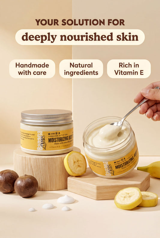 a hand scooping out a jar of moisturizing lotion from a jar, with sliced bananas and a spoon nearby. The text above the image reads "Your solution for deeply nourished skin", and the text below the image states "Handmade with care", "Natural ingredients", and "Rich in Vitamin E".
