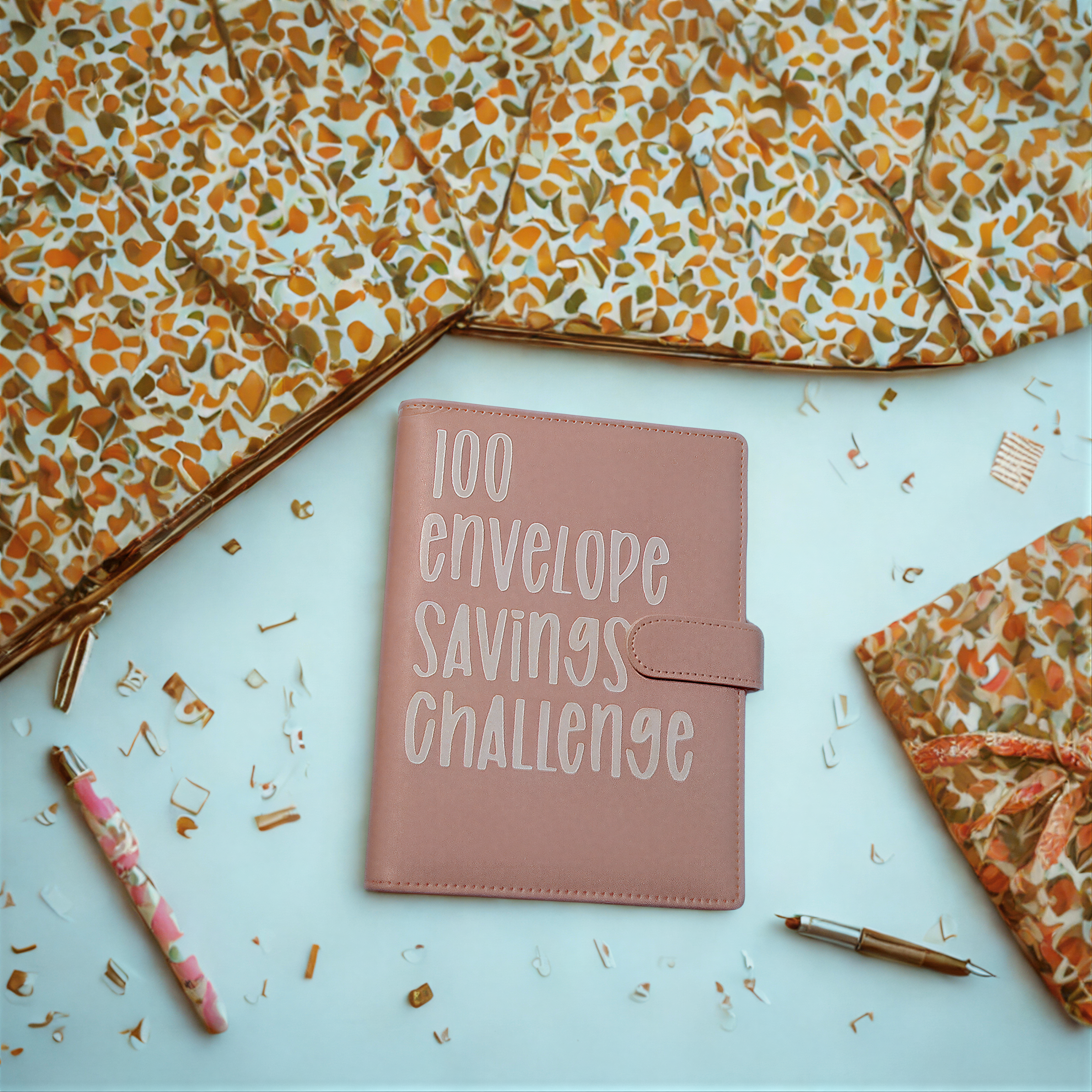 Pink '100 Envelope Savings Challenge' journal with floral pouches and pens on white background