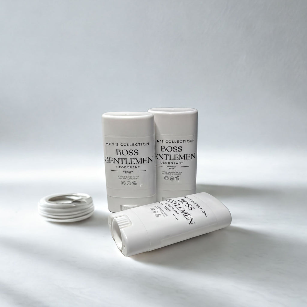 three white deodorant sticks with black text, arranged on a white surface.