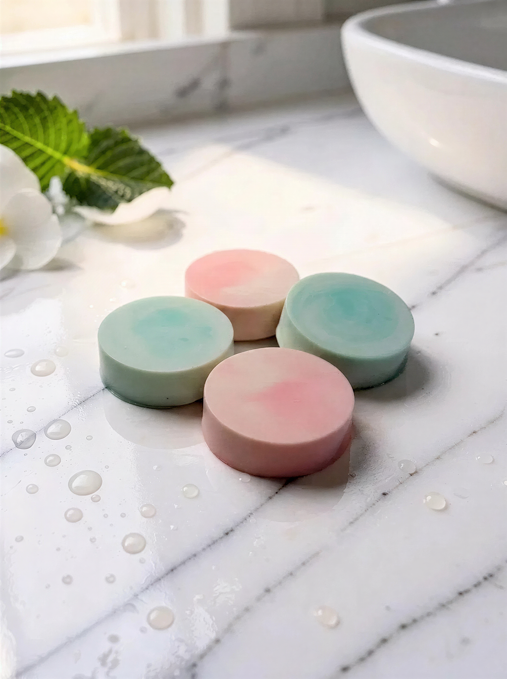 four circular soaps with different colors - green, pink, and blue - arranged on a marble countertop.