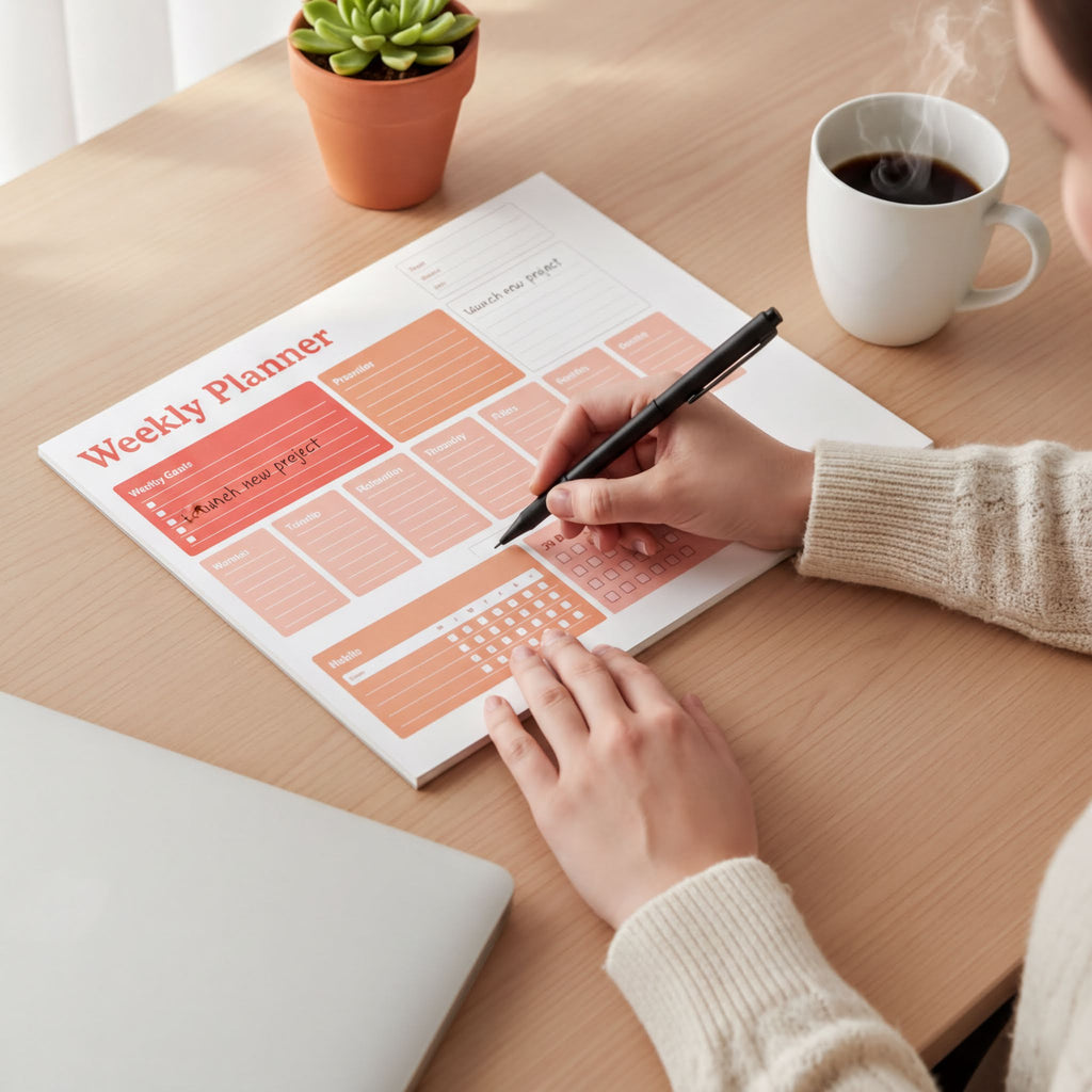 A person is sitting at a desk, writing on a Weekly Planner with a pen, while a laptop and a cup of coffee are nearby.