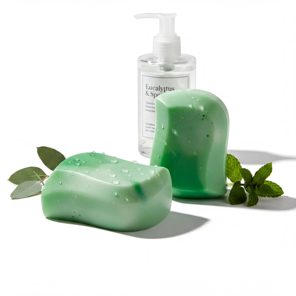 two green bars of soap with water droplets on them, accompanied by a pump bottle of eucalyptus and peppermint essential oil.