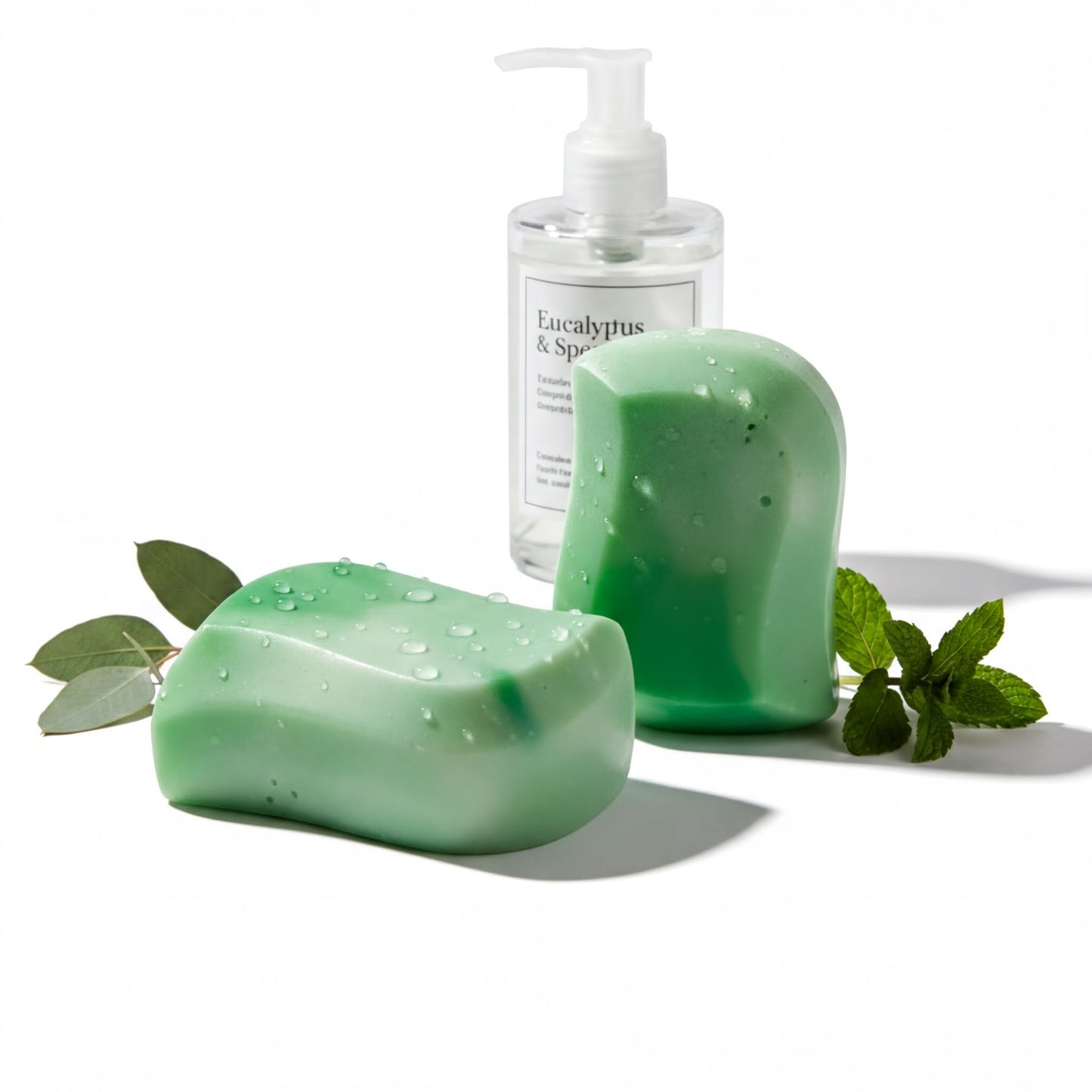two green bars of soap with water droplets on them, accompanied by a pump bottle of eucalyptus and peppermint essential oil.