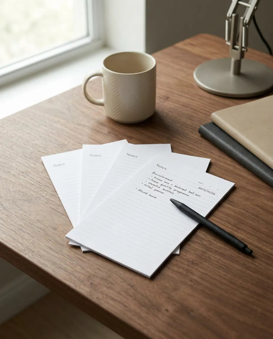 a wooden desk with a white mug, a stack of lined notebooks, and a black pen on top of the notebooks.