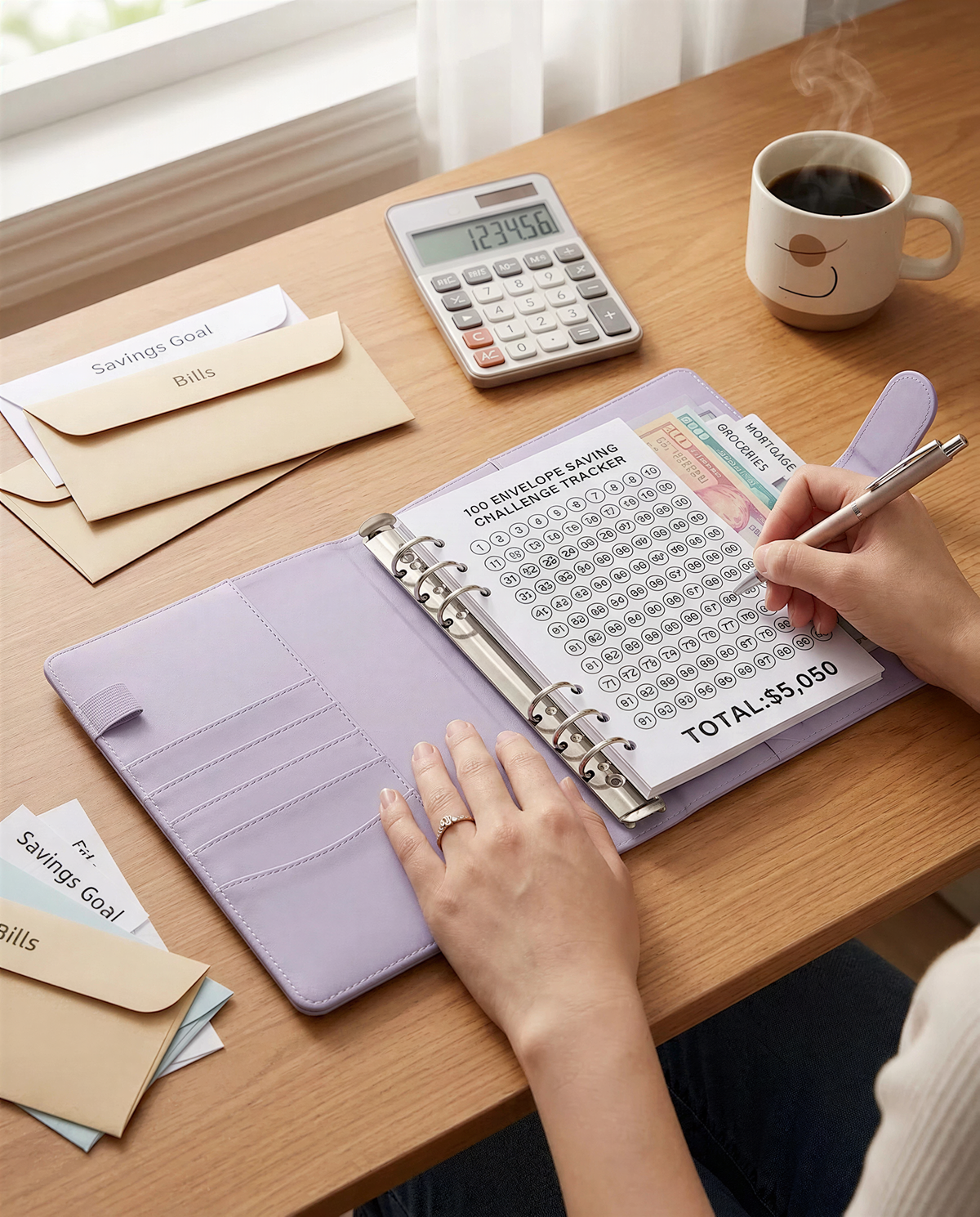 A person is sitting at a desk, writing in a purple notebook with a pen, while a coffee cup and a calculator are nearby.