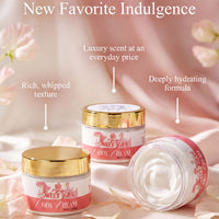 three jars of Sweet Tea Ody / Dream Cream, each with a gold lid and a pink label, placed on a pink background with rose petals.
