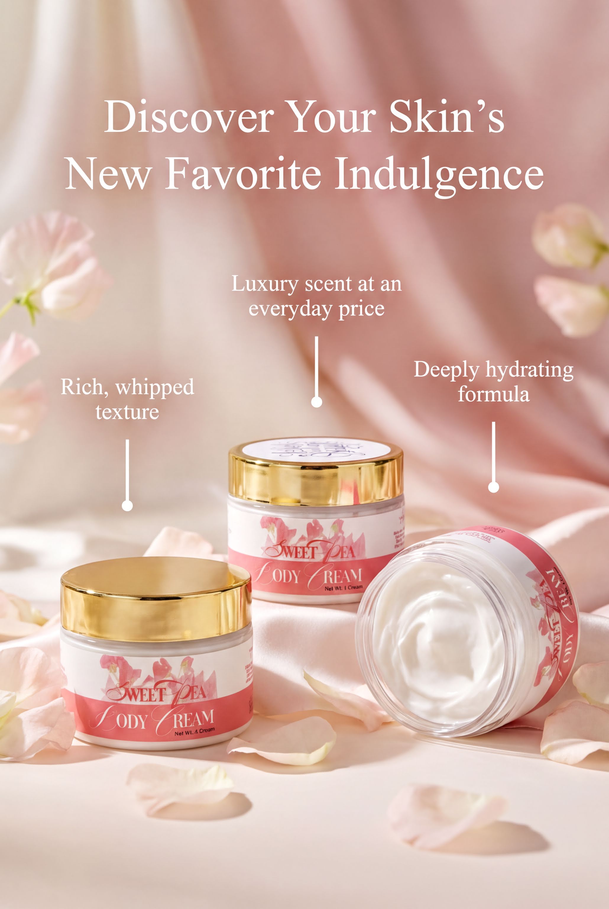 three jars of Sweet Tea Ody / Dream Cream, each with a gold lid and a pink label, placed on a pink background with rose petals.
