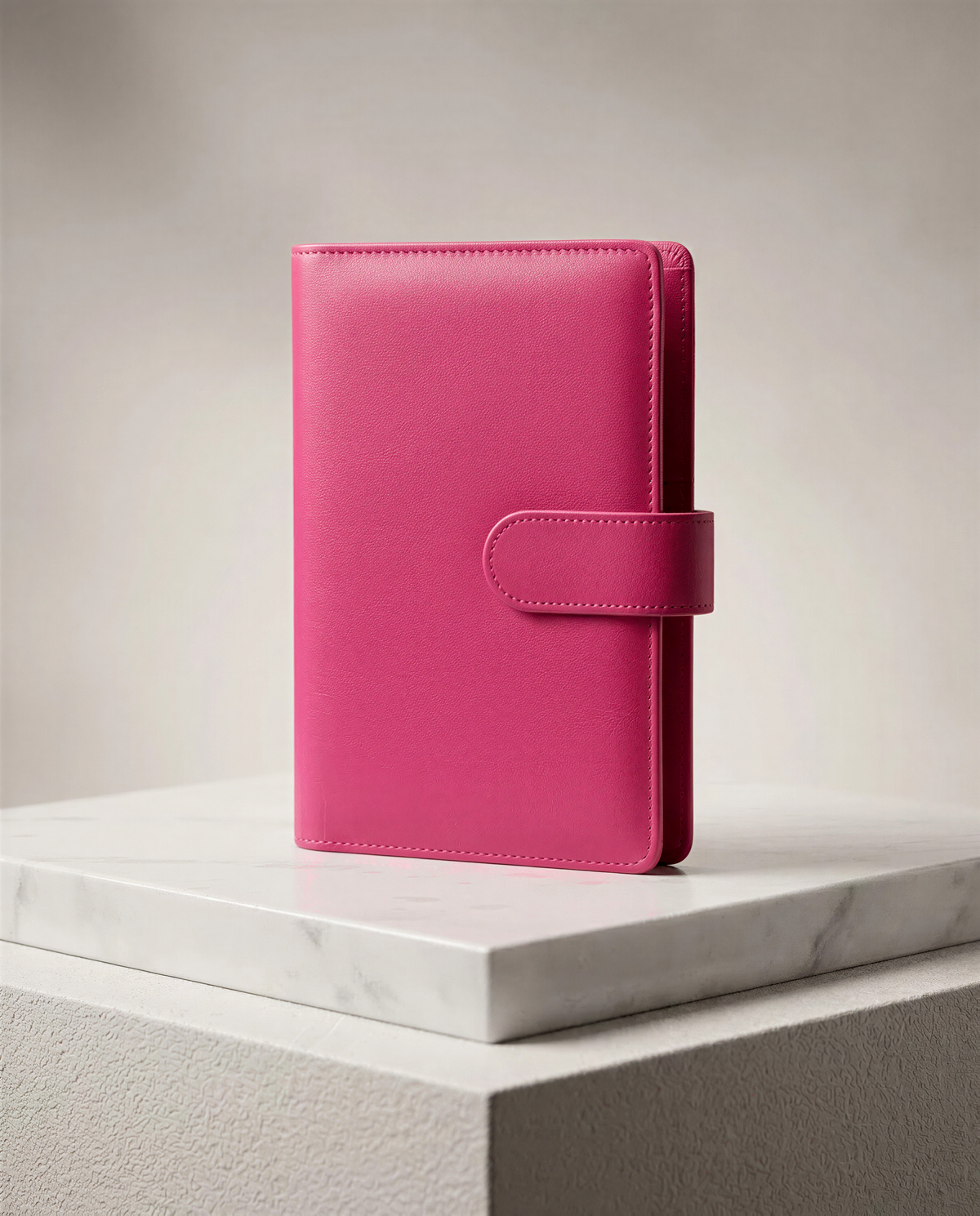 A bright pink leather wallet or book cover is displayed on a white marble pedestal against a plain background.