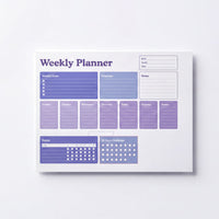The image is a weekly planner with a purple and white color scheme. It includes sections for weekly goals, priorities, notes, habits, and a calendar. The layout is organized and structured, with each section clearly labeled and designed to help users plan and manage their time effectively.